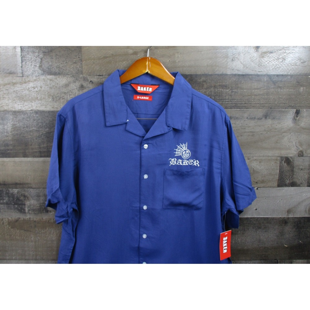 Baker Skateboard Shirt Mens XL Blue Short Sleeve Embroidered Rayon Button Up